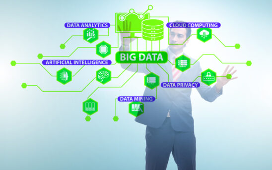 Big data concept with the businessman pressing virtual button